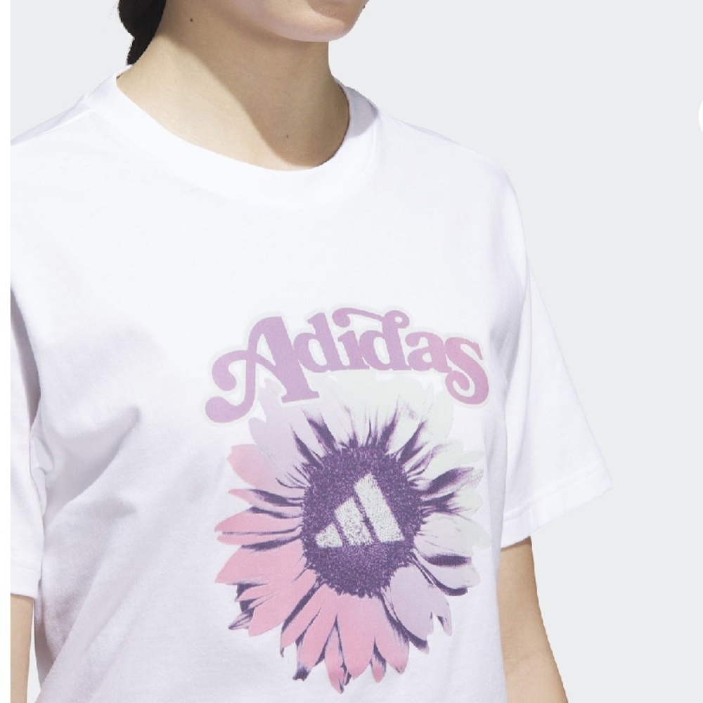 Adidas White Tee with Purple and Pink Floral Graphic